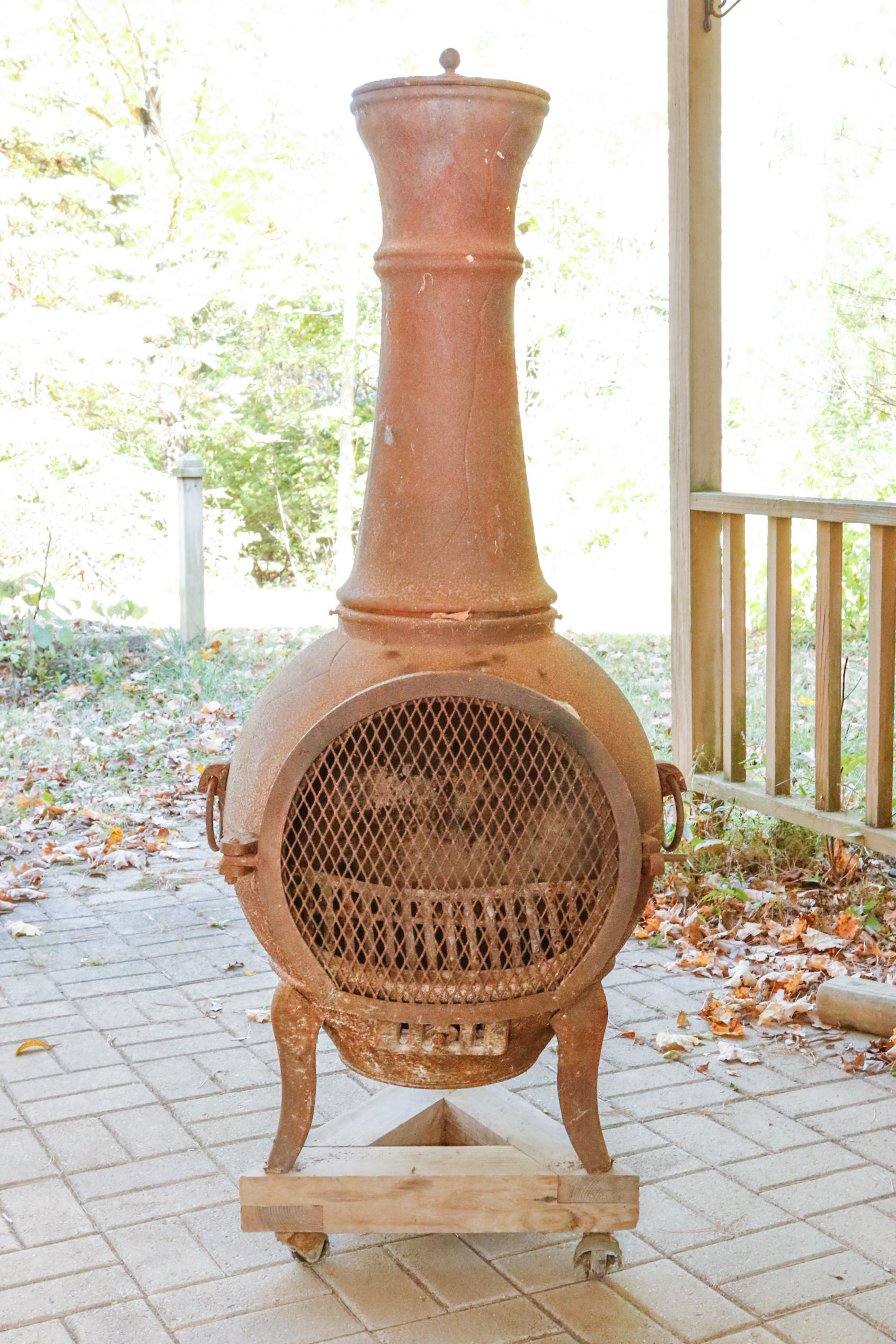 Cast Iron Chiminea On Wooden Stand with Casters