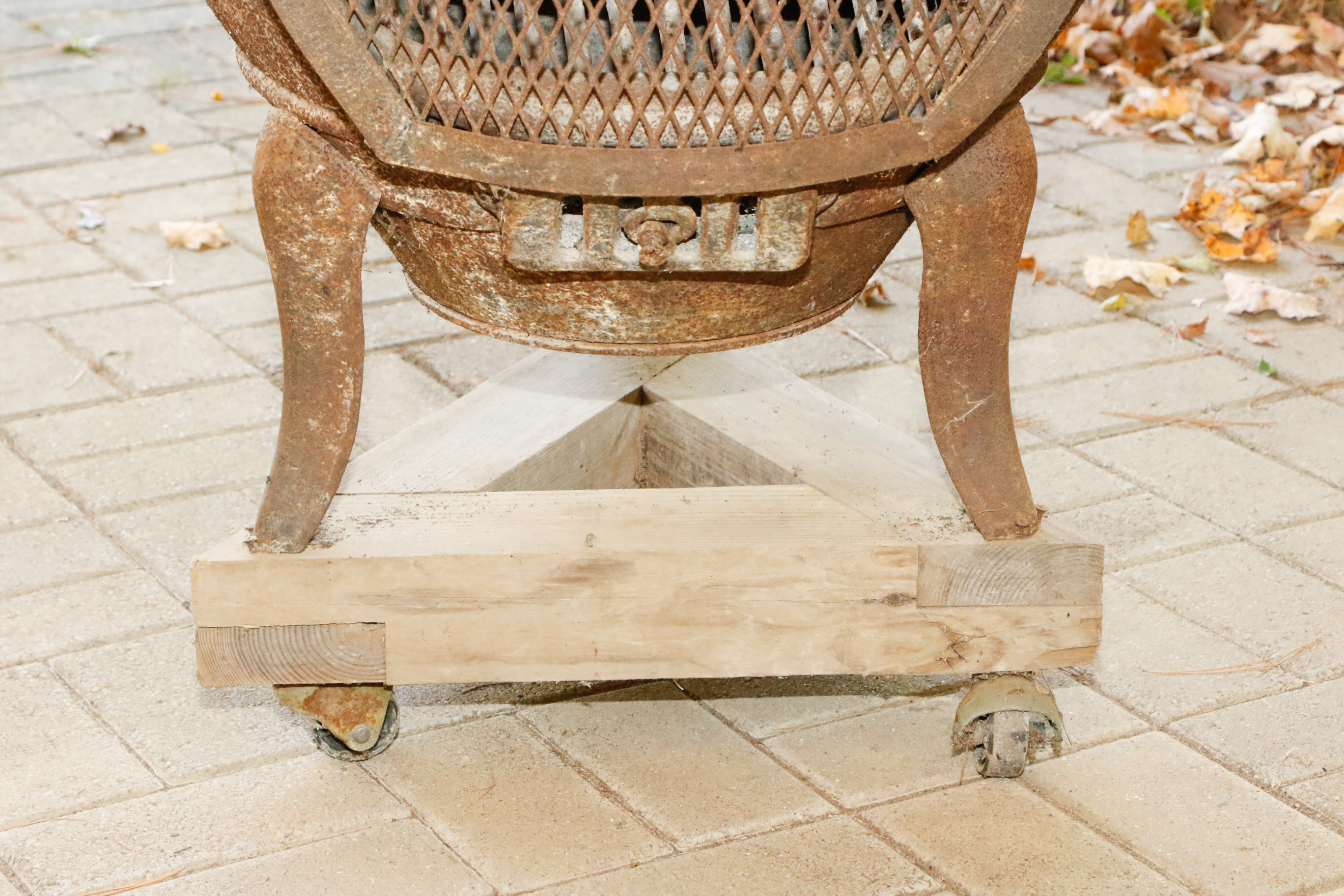 Cast Iron Chiminea On Wooden Stand with Casters