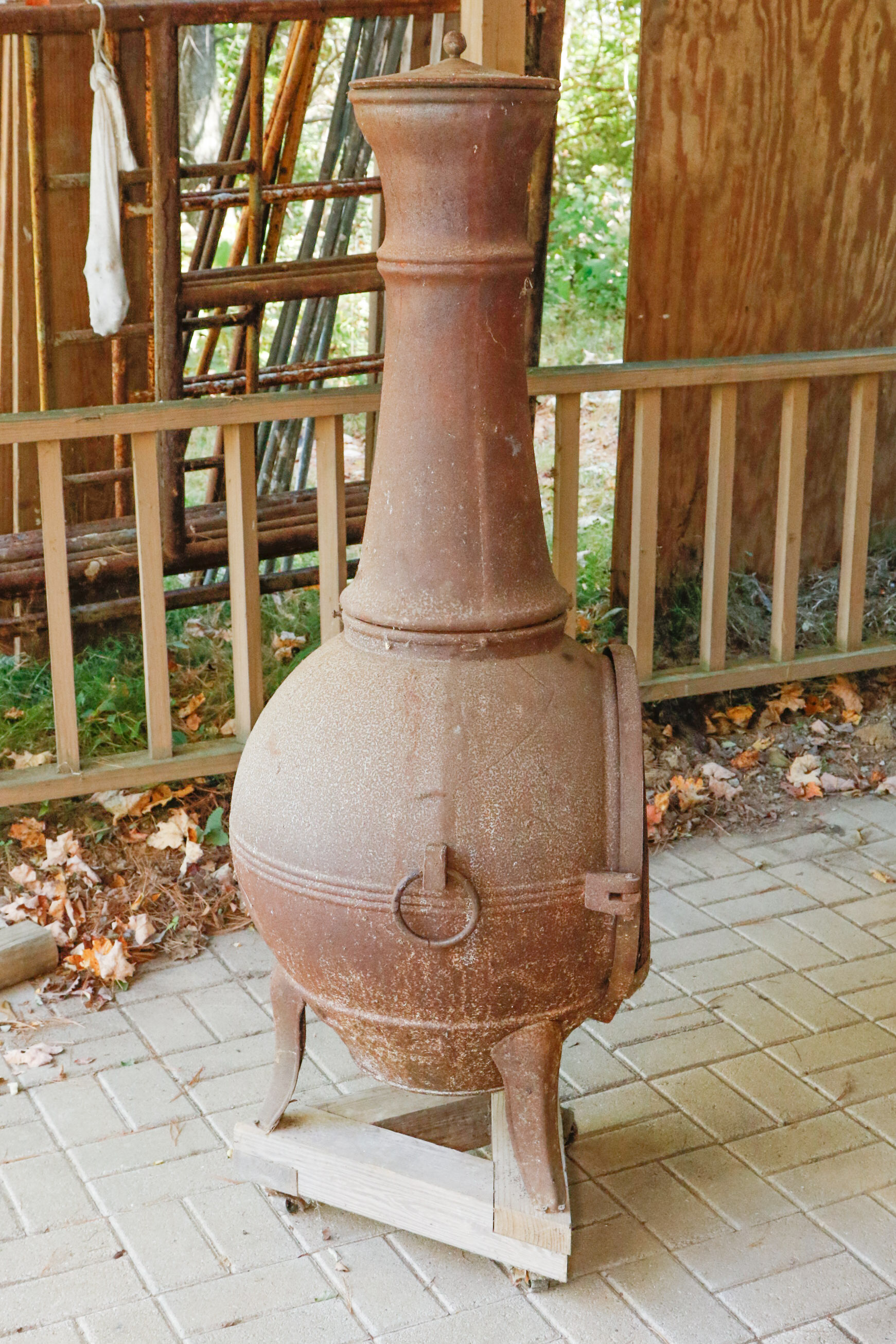 Cast Iron Chiminea On Wooden Stand with Casters