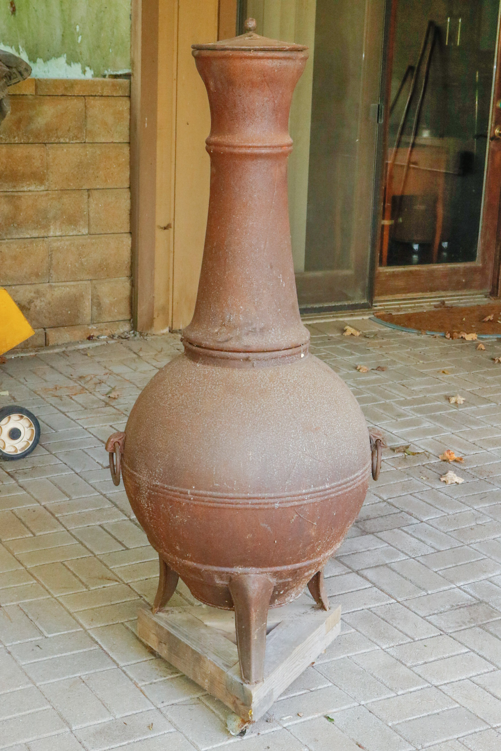 Cast Iron Chiminea On Wooden Stand with Casters