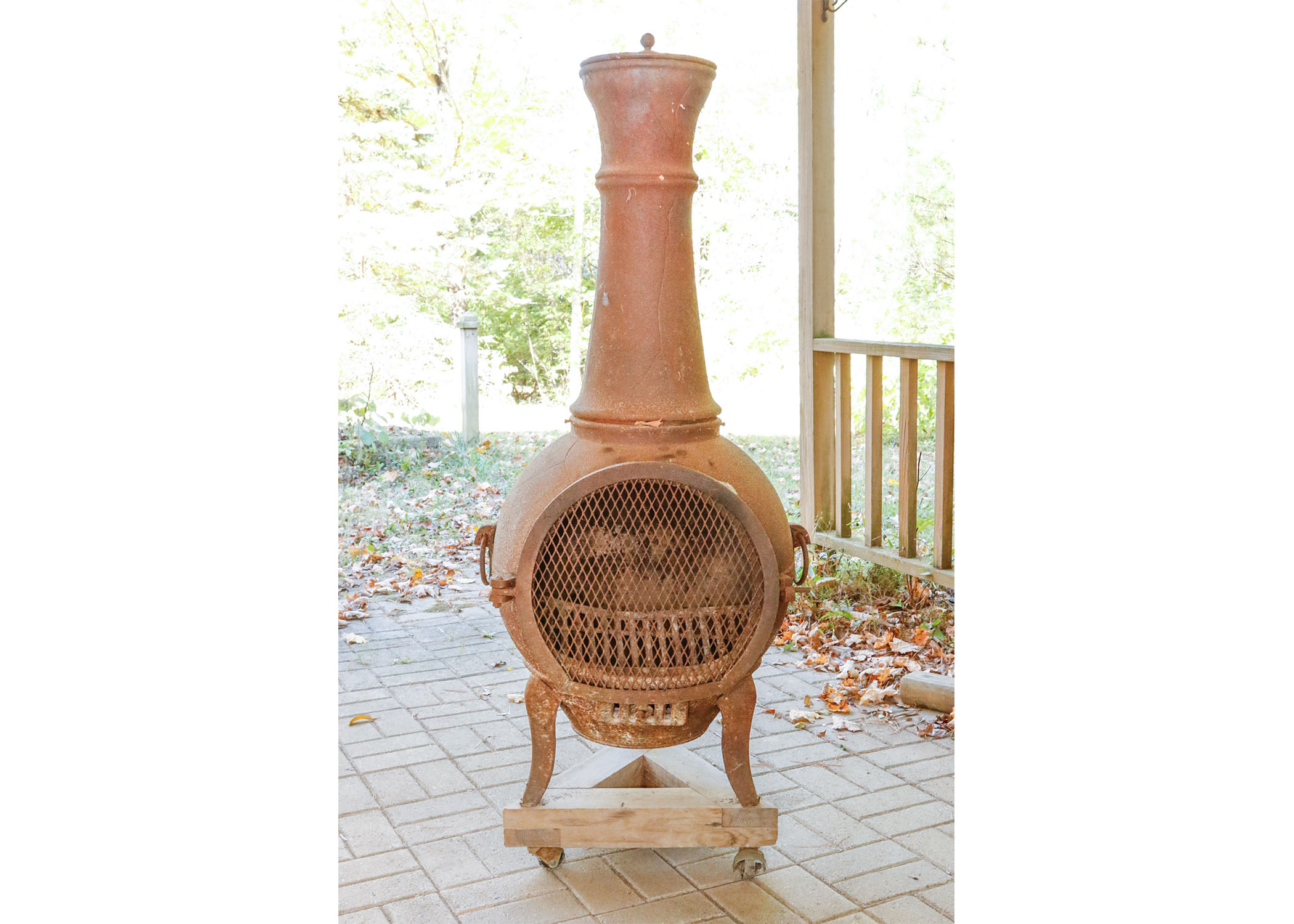 Cast Iron Chiminea On Wooden Stand with Casters