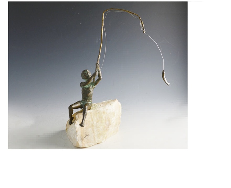 Curtis Jere Bronze Boy Fishing Sculpture