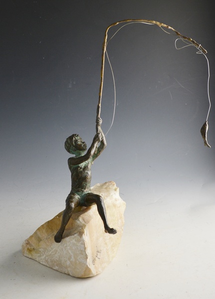 Curtis Jere Bronze Boy Fishing Sculpture