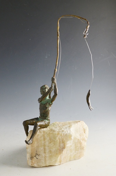 Curtis Jere Bronze Boy Fishing Sculpture