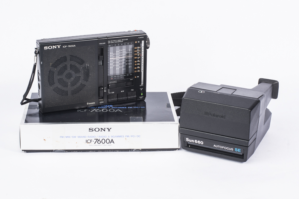Vintage Polaroid Camera and Sony Radio