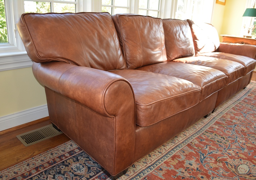Arhaus Brentwood Tiger Mahogany Leather Sofa