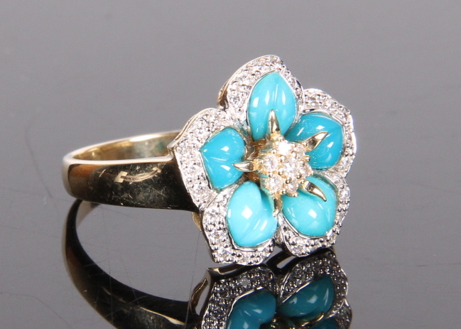 14K Gold Turquoise and Diamond Ring