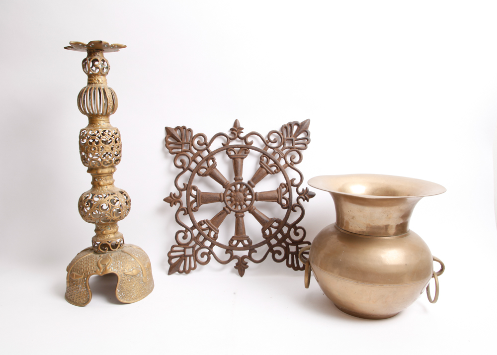 Decorative Household Assortment  Including an Antique Candlestick