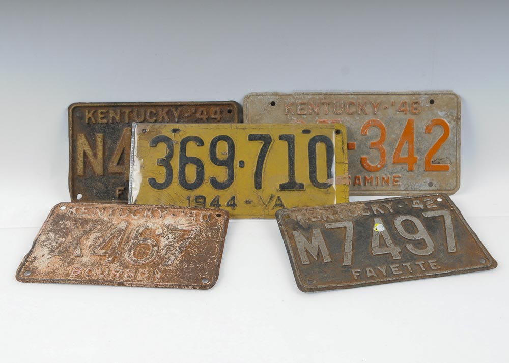 Five 1940s License Plates