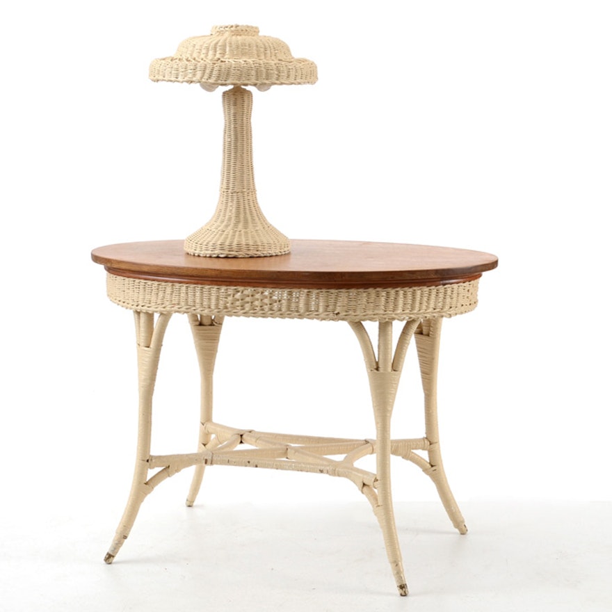 Wicker Oval Lamp Table with Lamp