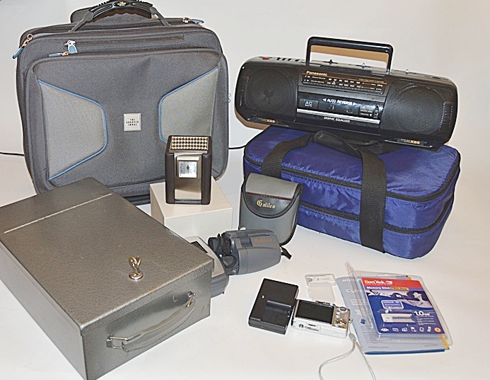 Sharper Image Computer Bag, Sony Cyper-Shot Camera, RCA Mini TV