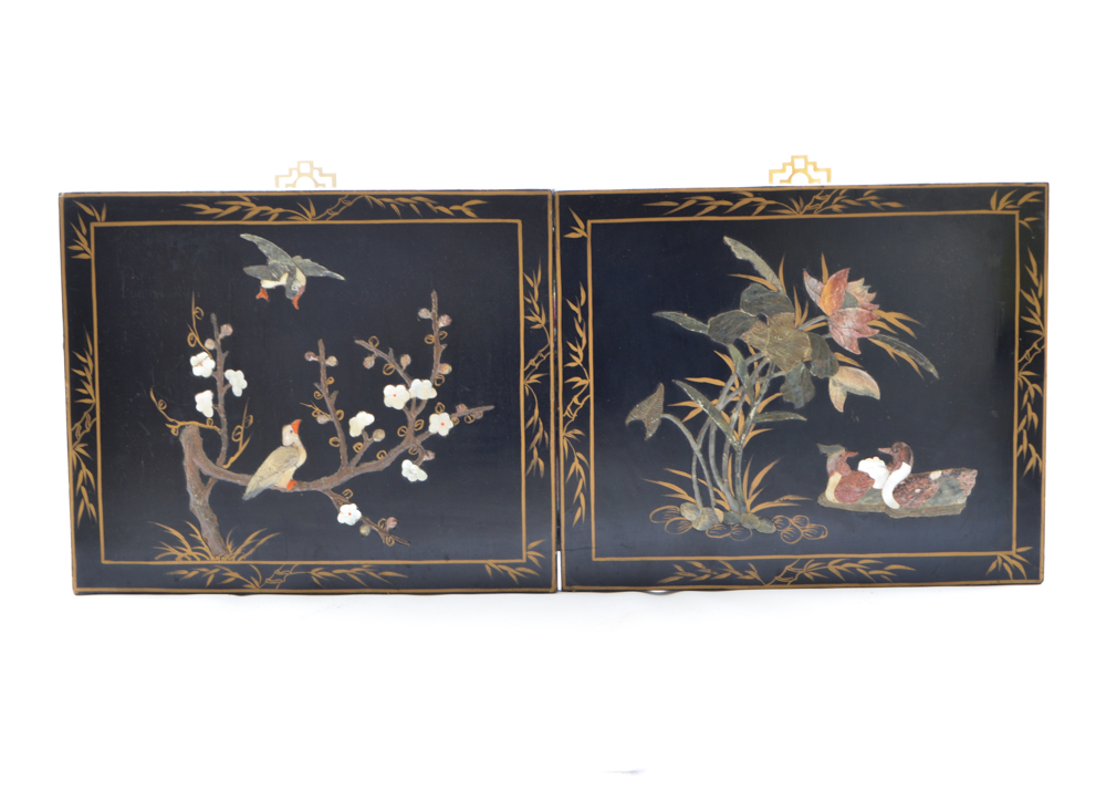 Two Black Lacquered Asian Panels with Decorative Shell Inlays