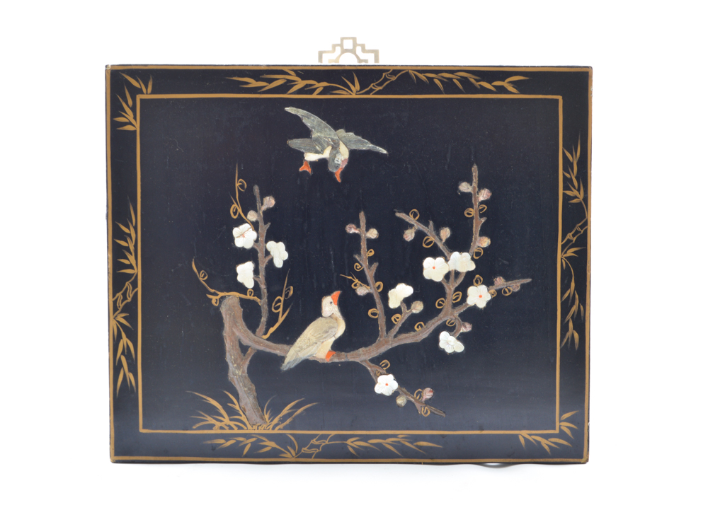 Two Black Lacquered Asian Panels with Decorative Shell Inlays