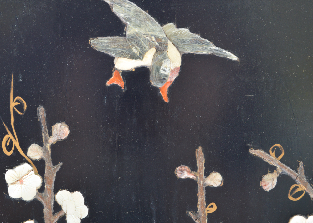 Two Black Lacquered Asian Panels with Decorative Shell Inlays