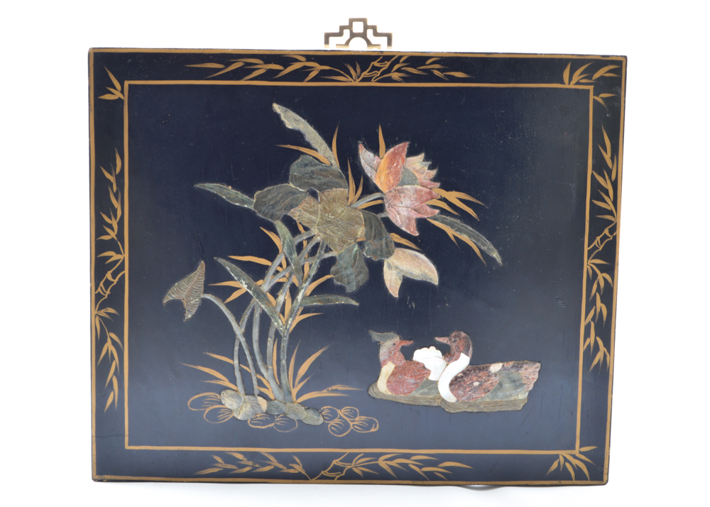 Two Black Lacquered Asian Panels with Decorative Shell Inlays