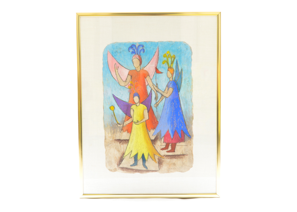 Signed Oil Pastel on Paper of Fairies by Valetta
