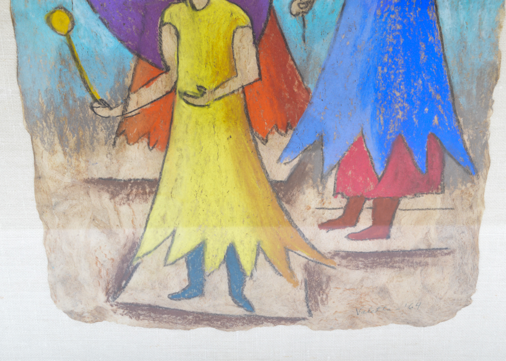 Signed Oil Pastel on Paper of Fairies by Valetta