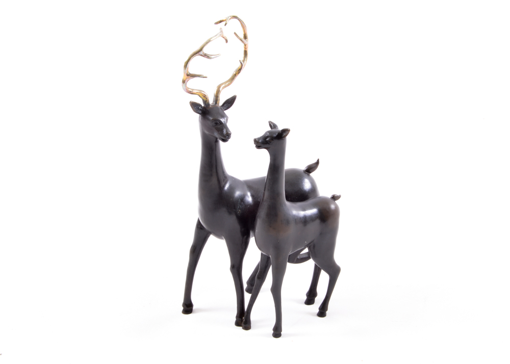 Brass Signed and Numbered Stag and Doe Statuette