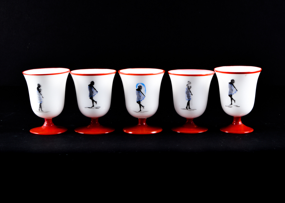 Five Red and White Footed Glass Cups Featuring Ladies