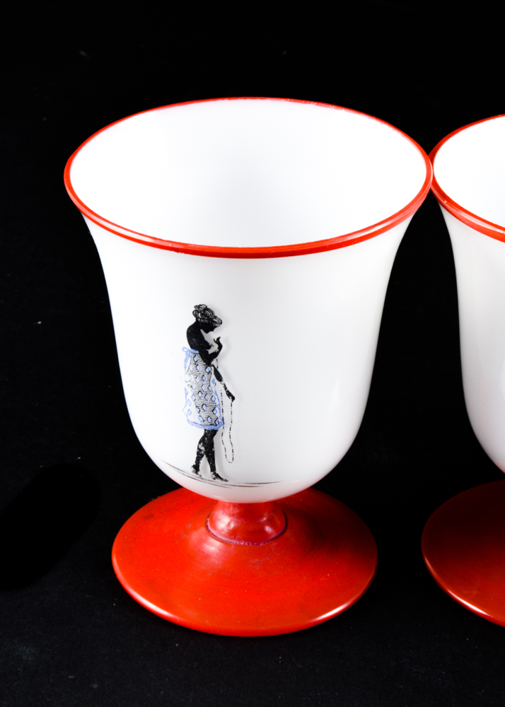 Five Red and White Footed Glass Cups Featuring Ladies