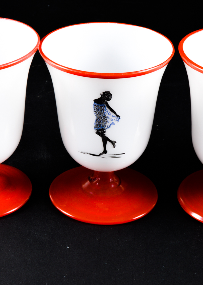 Five Red and White Footed Glass Cups Featuring Ladies