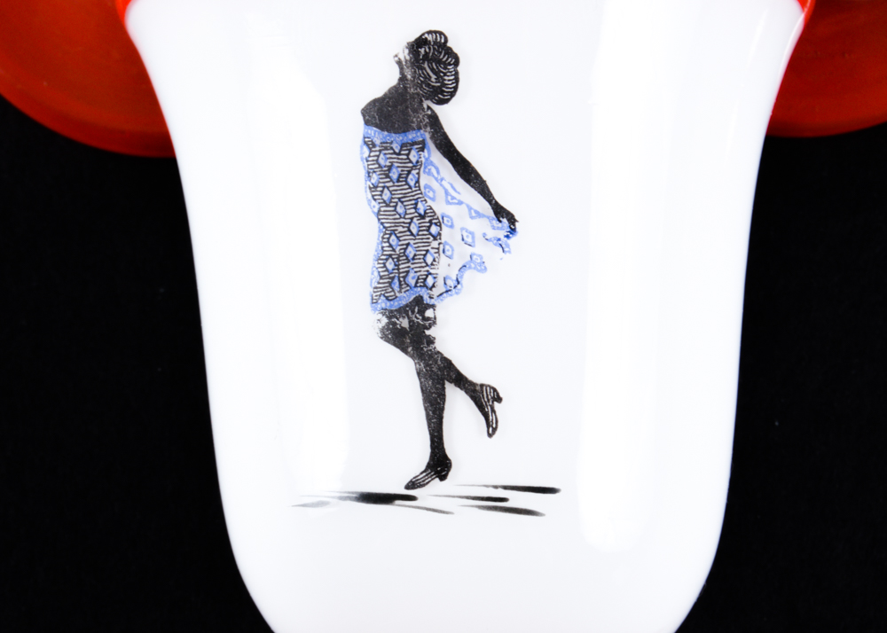 Five Red and White Footed Glass Cups Featuring Ladies