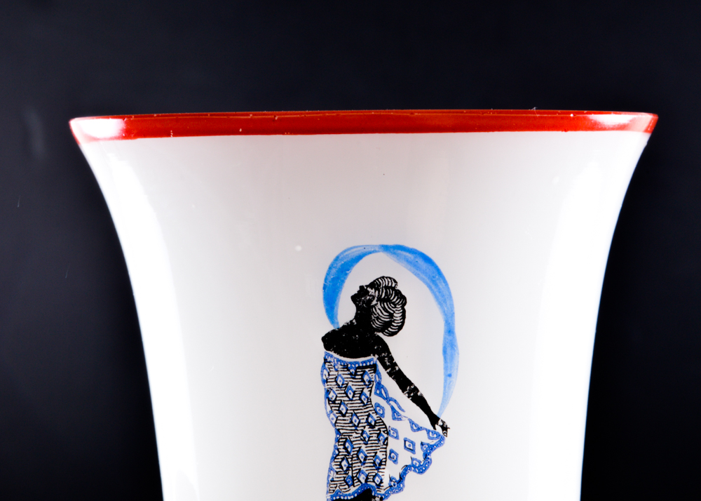 Five Red and White Footed Glass Cups Featuring Ladies