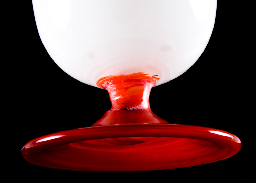 Five Red and White Footed Glass Cups Featuring Ladies