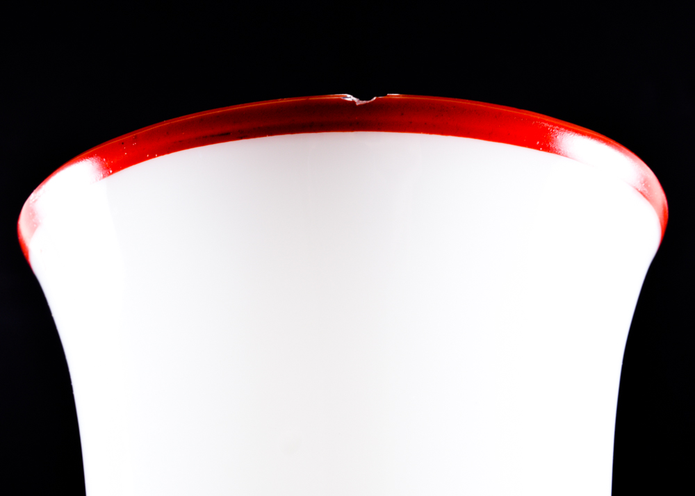 Five Red and White Footed Glass Cups Featuring Ladies