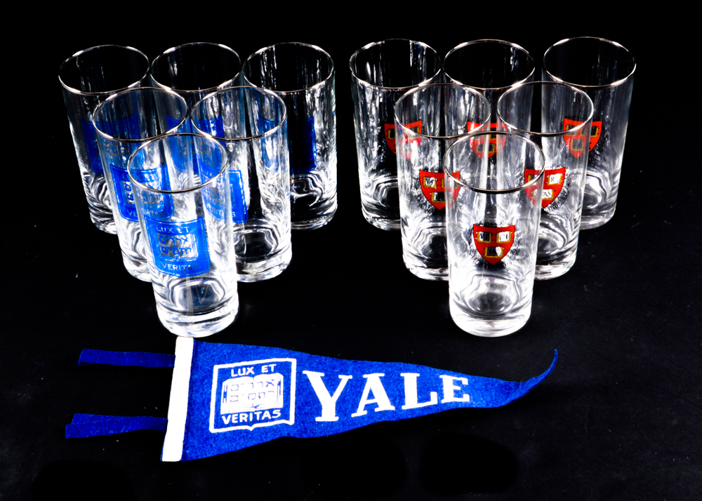 Judaica-Related Harvard and Yale Barware with Felt Pennant