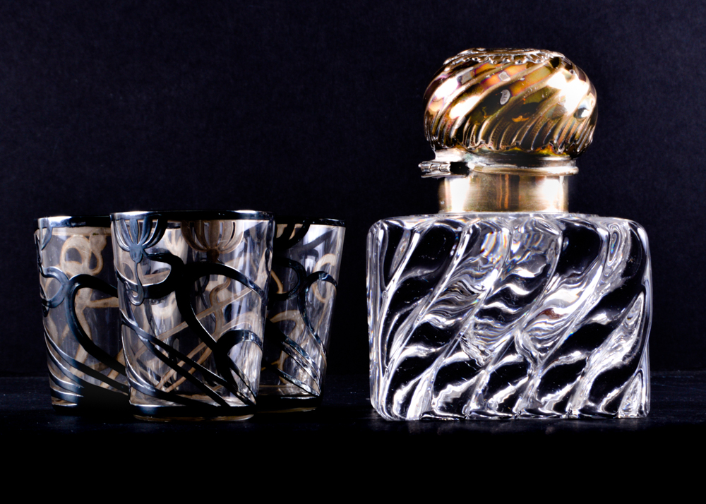 Perfume Bottle with Three Shot Glasses with Sterling Overlay