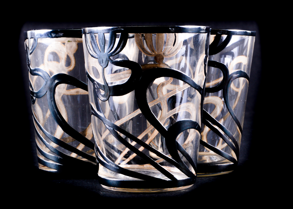 Perfume Bottle with Three Shot Glasses with Sterling Overlay