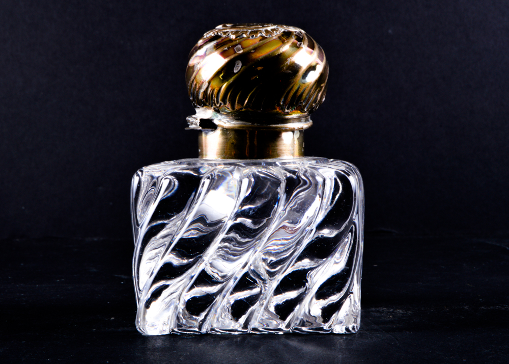 Perfume Bottle with Three Shot Glasses with Sterling Overlay