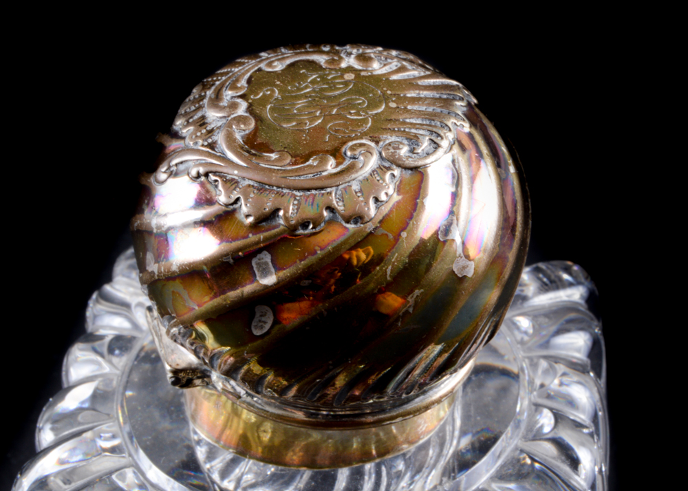 Perfume Bottle with Three Shot Glasses with Sterling Overlay