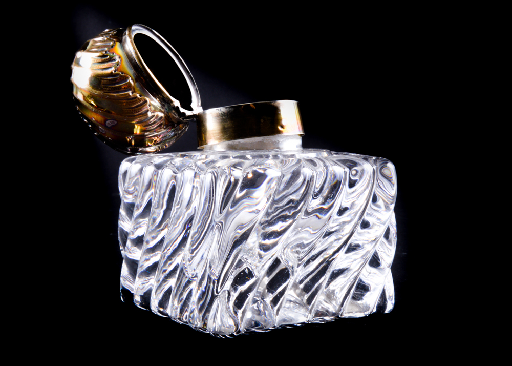 Perfume Bottle with Three Shot Glasses with Sterling Overlay