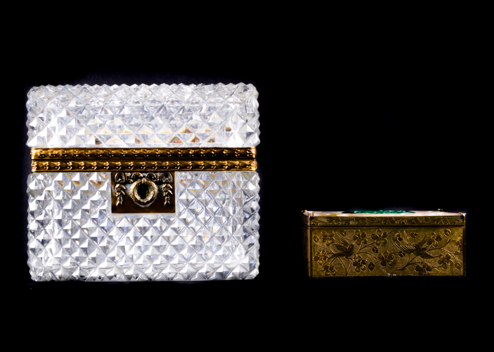 Two Decorative Brass, Crystal and Malachite Vanity Boxes