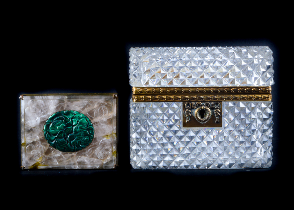 Two Decorative Brass, Crystal and Malachite Vanity Boxes
