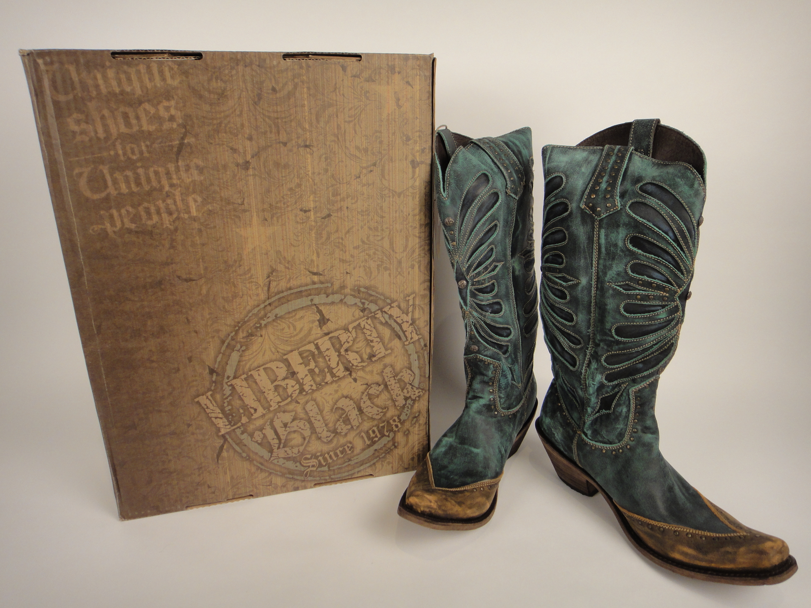 Women's Liberty Black Destressed Turquoise, Black Inlay Boots