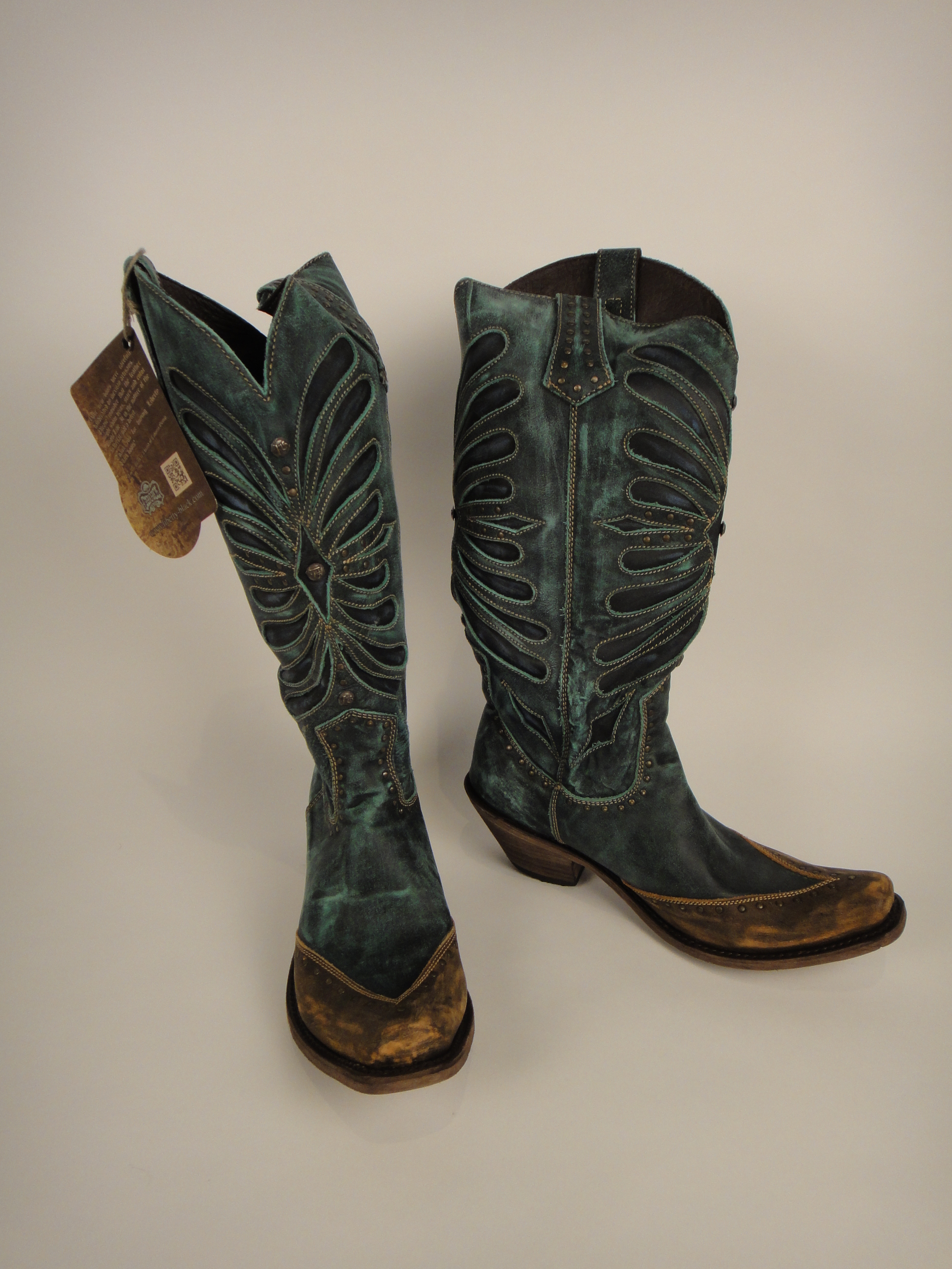 Women's Liberty Black Destressed Turquoise, Black Inlay Boots