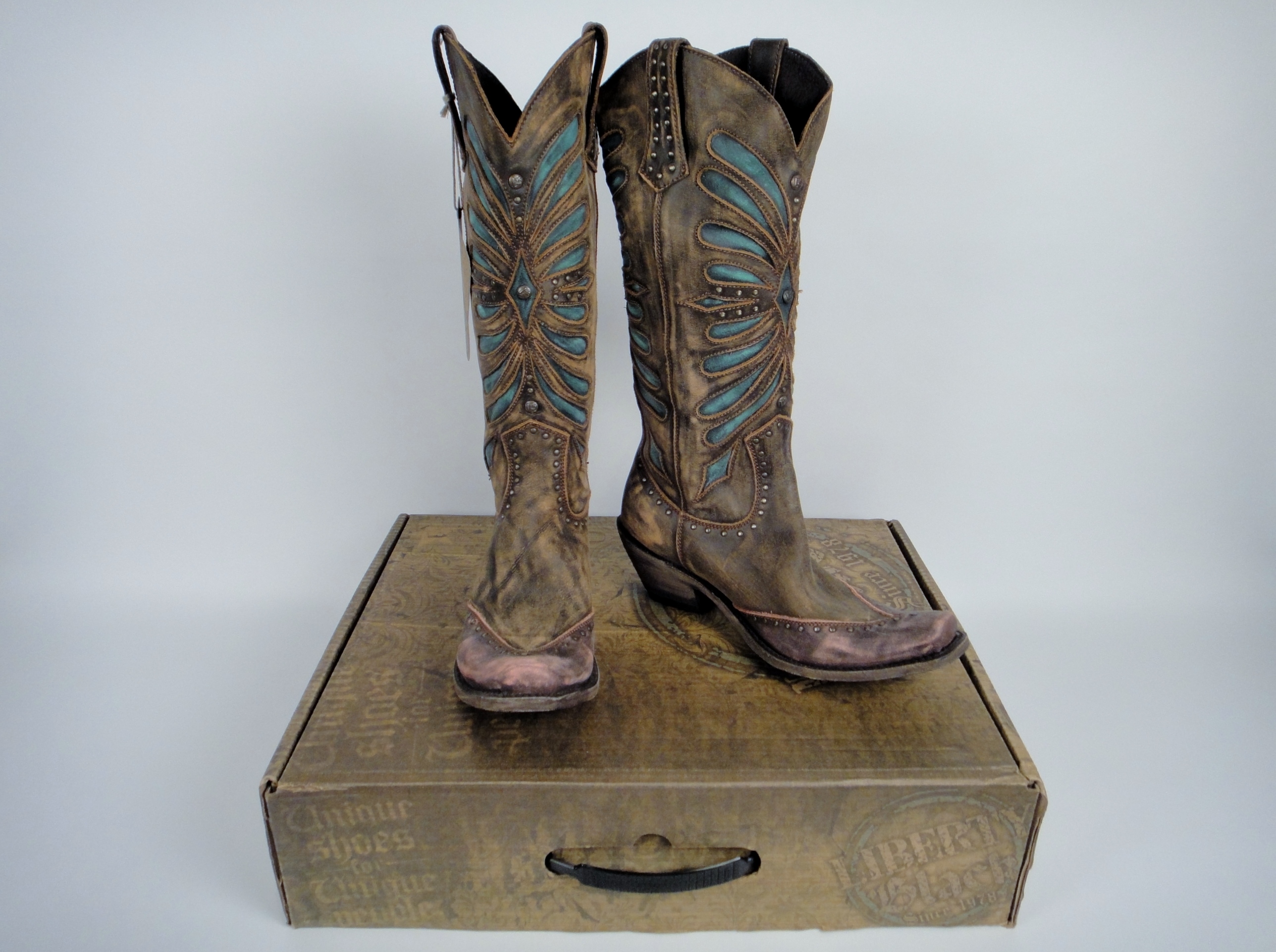 Women's Liberty Black Destressed Canela, Turquoise Inlay Boots