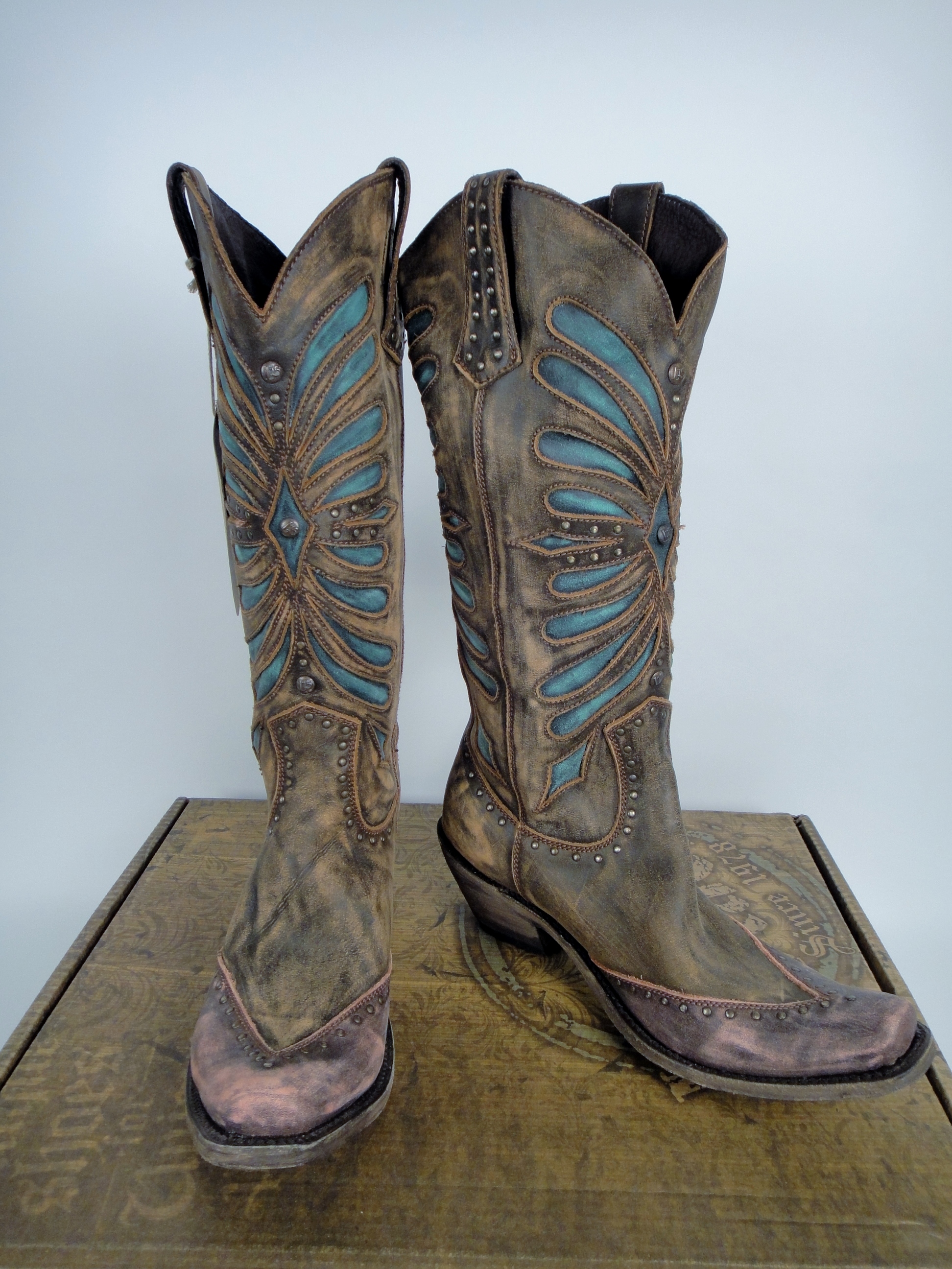 Women's Liberty Black Destressed Canela, Turquoise Inlay Boots