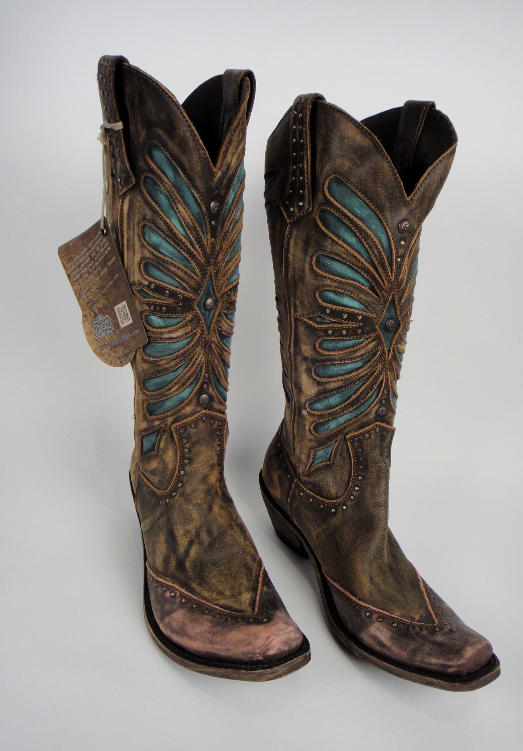 Women's Liberty Black Destressed Canela, Turquoise Inlay Boots