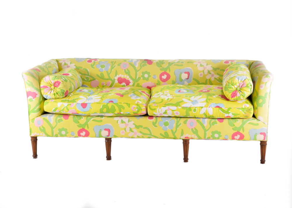 Chartreuse and Floral Love Seat with Bolster Pillows