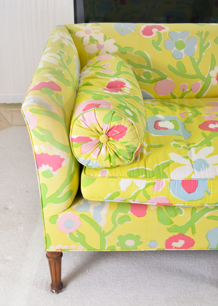 Chartreuse and Floral Love Seat with Bolster Pillows