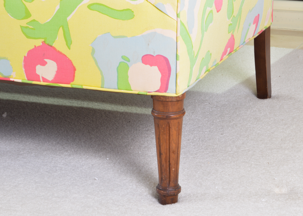 Chartreuse and Floral Love Seat with Bolster Pillows