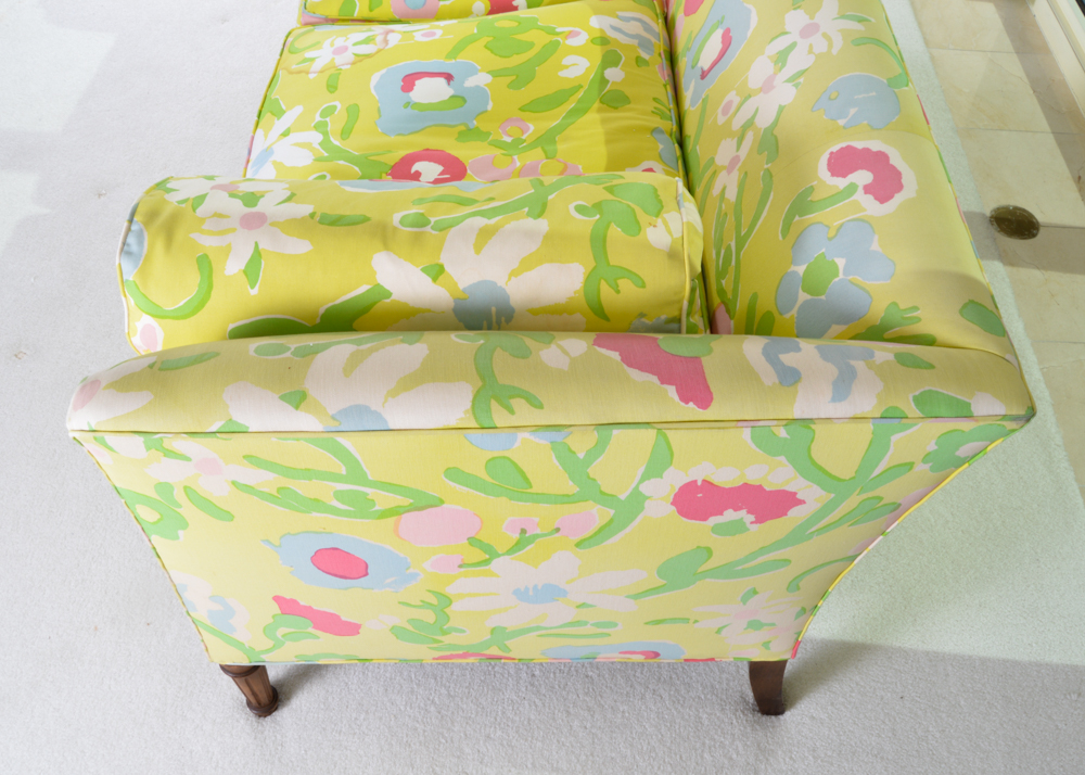 Chartreuse and Floral Love Seat with Bolster Pillows