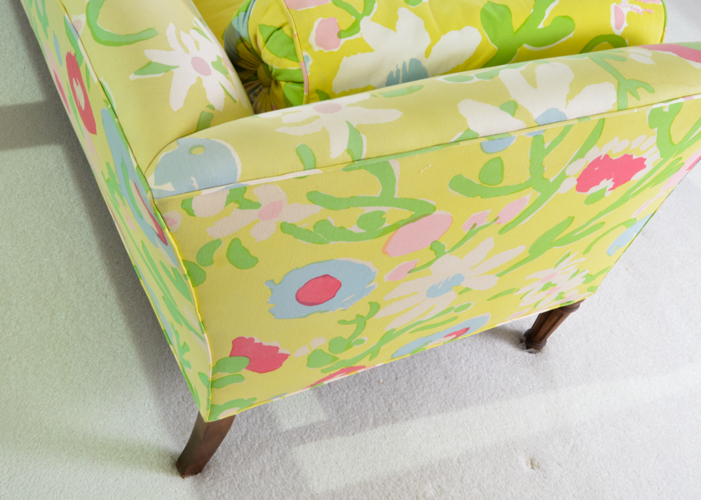 Chartreuse and Floral Love Seat with Bolster Pillows
