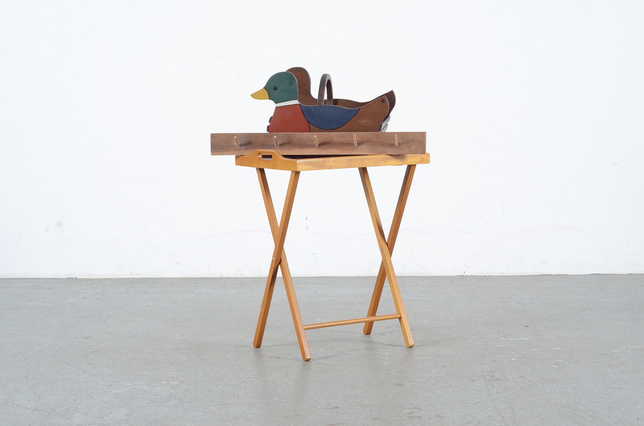 Assortment Of Wooden Duck Basket, Hat Hanger, And Standing Tray