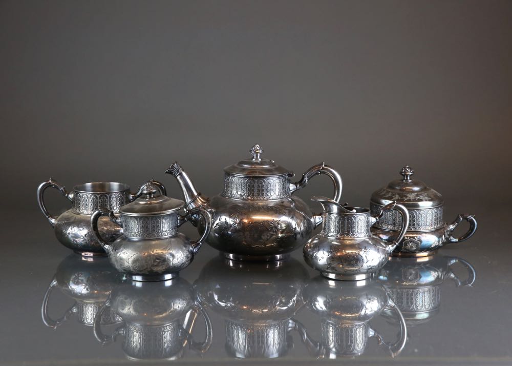 Antique James W. Tufts Quadruple Plate Five Piece Tea Set