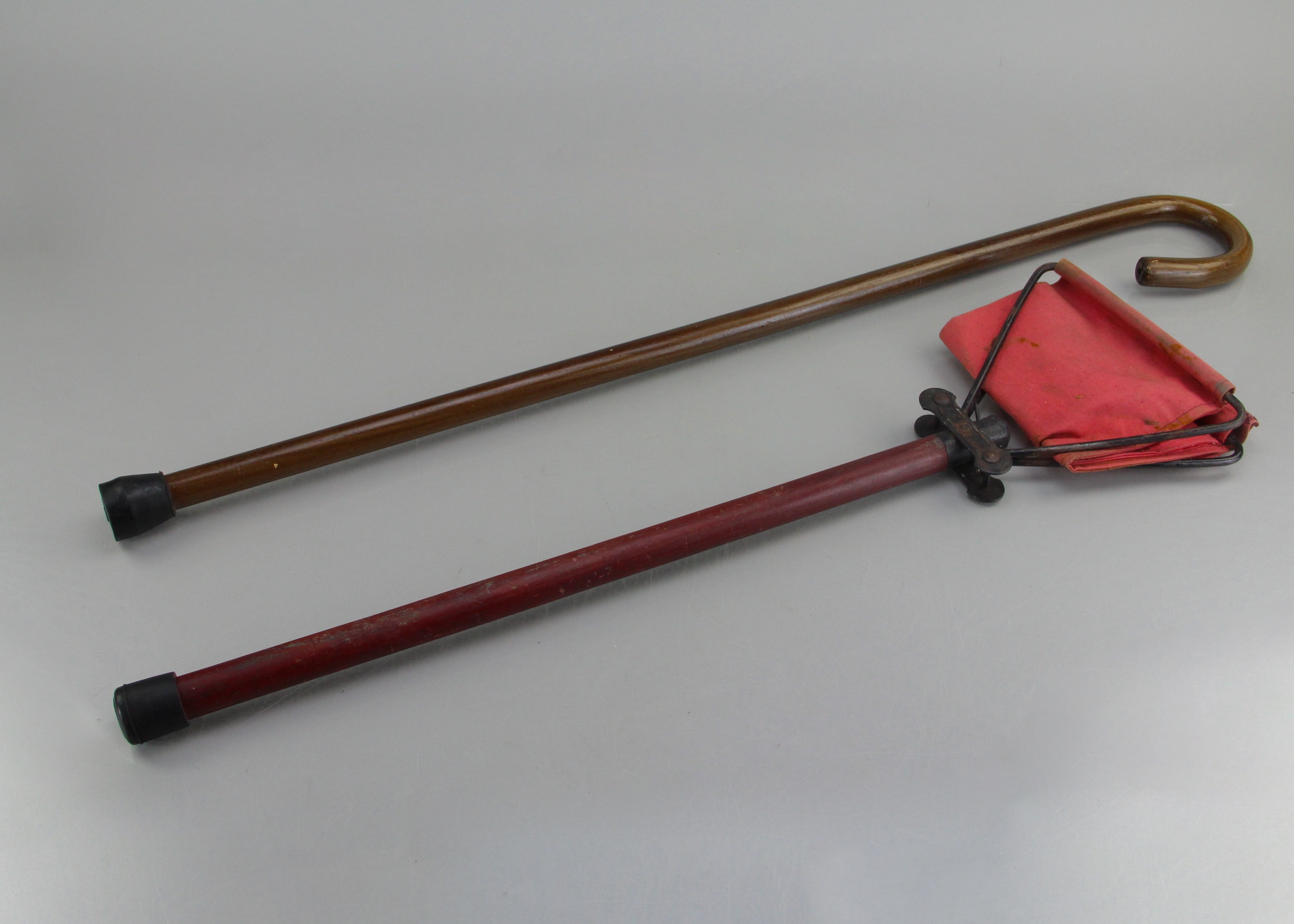 Walking Cane with Dark Stain Finish and Red Cane Foldable Seat